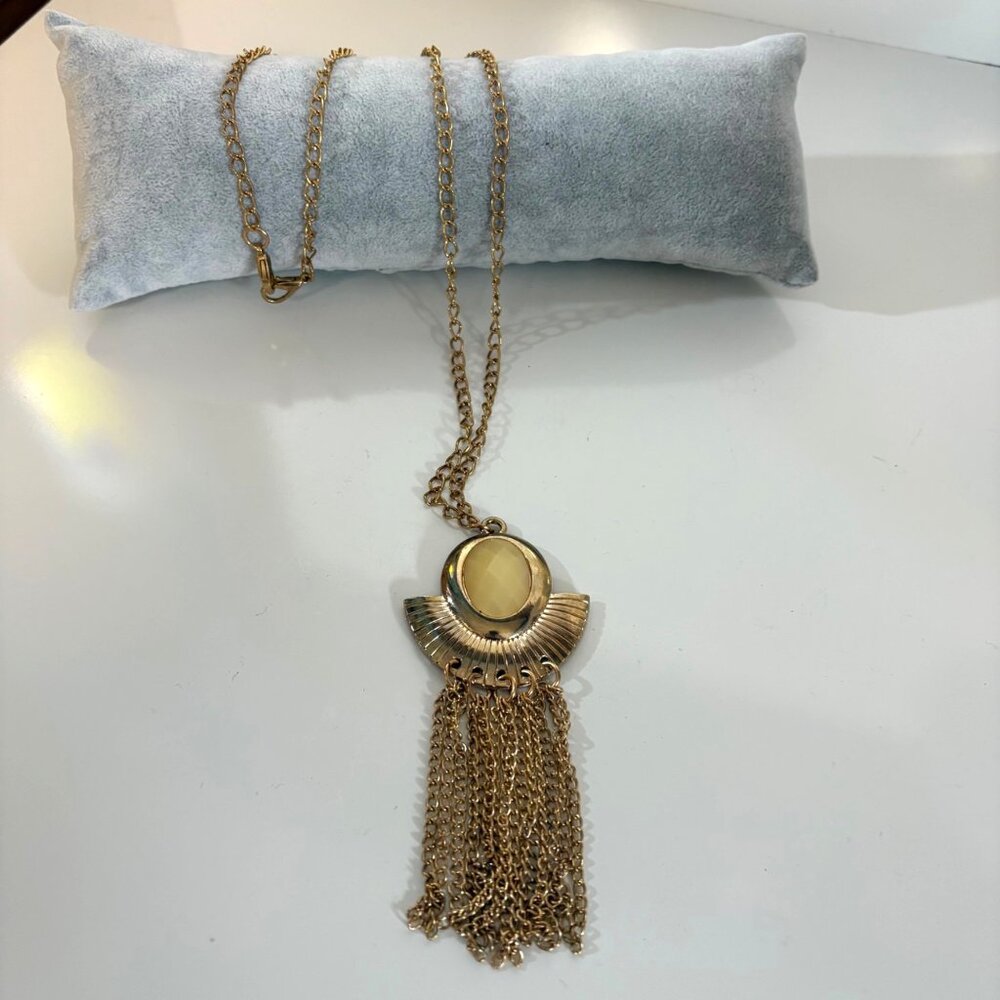 Gold Tone Bohemian Tassel Pendant Necklace Creamy Yellow Faceted Acrylic Stone